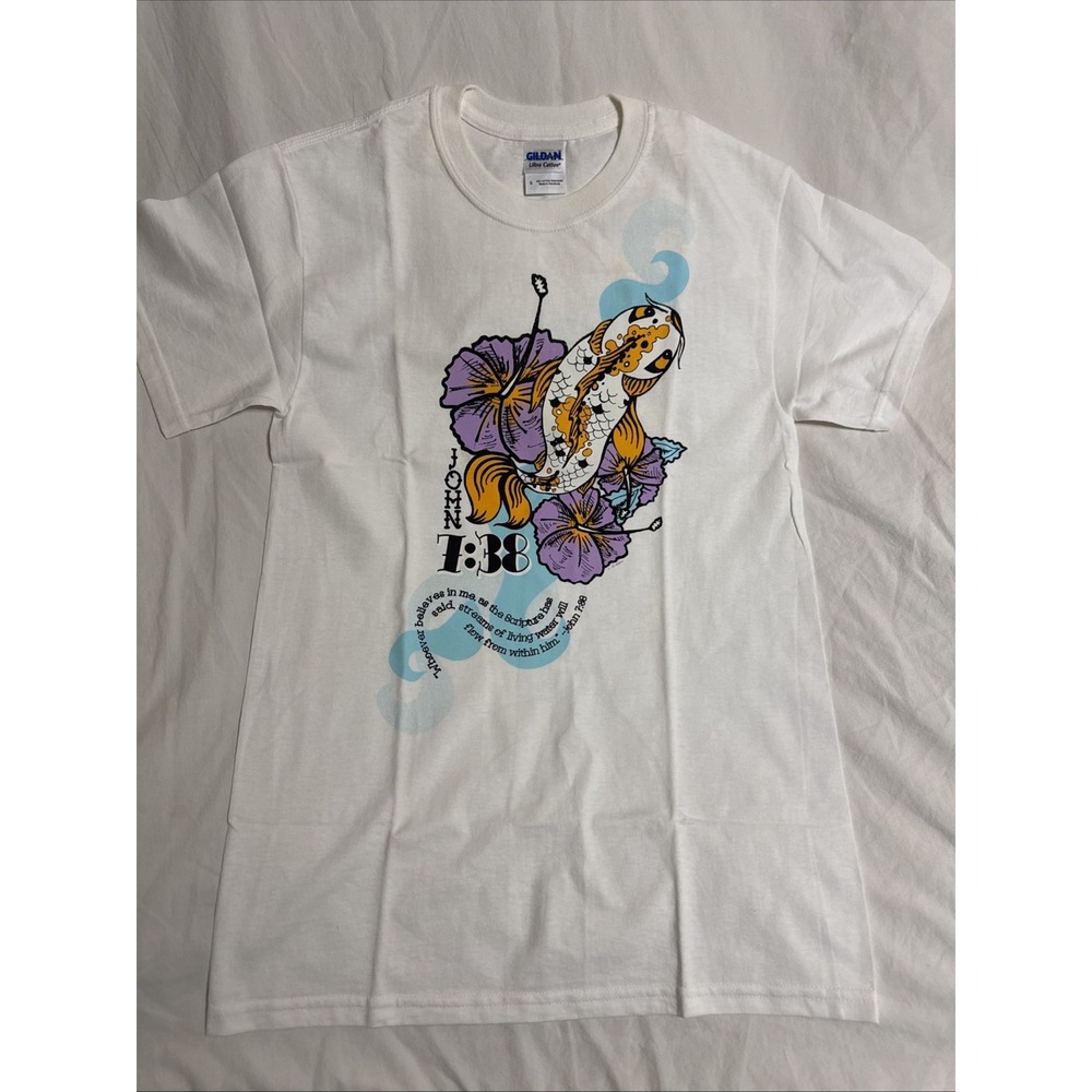 Air Waves Christian T-Shirt | John 7:38 Koi Fish Floral Graphic Tee Size S Jesus